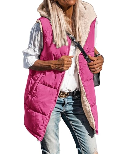 BTFBM Long Puffer Vest Women Fleece Sherpa Jacket Sleeveless Hooded Reversible Zip Up Winter Coat Fall Vests Outerwear(Rose Red, Medium)