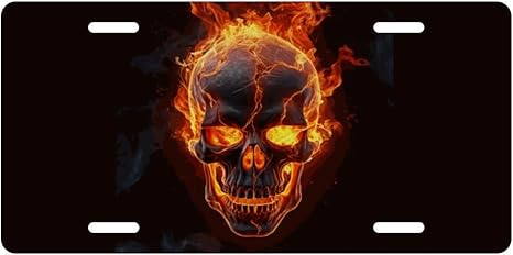Human Skull Fire Decorative License Plate, Vanity Tag, Metal License Plate, Aluminum Novelty License Plate Home Decor for Men/Women/Boy/Girls 6 X 12 Inch (4 Holes)