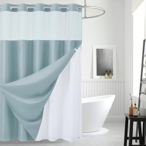 Furlinic No Hook Shower Curtain with Snap in Liner 72x75 Fog Blue Modern
