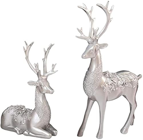 2-Pack Reindeer Figurines Christmas Decorations Reindeer Statue Resin Sitting Standing Deer Ornament for Xmas Home Office Décor - Silver
