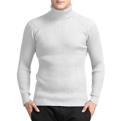 Suéter de Punto de Cuello Alto para Hombre, Ajustado, Acanalado, Informal, Invierno, Blanco, Mediano