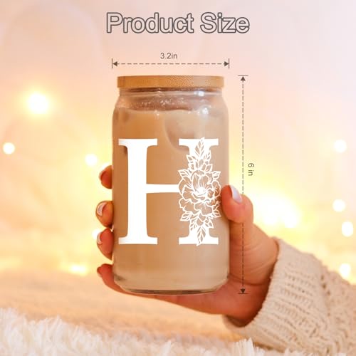 Image of Coolife Initial Glass Cup, Monogrammed Gifts for Women, 16 oz Tumbler w /Lid | Iced Coffee Smoothie Beer Tumbler w /Straw Lid - Personalized Christmas, Birthday Gifts for Woman Her Mom Friend