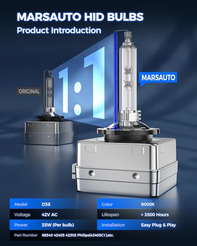 Image of Marsauto D3S HID Bulbs, 66340 42403 42302 35W Xenon Bulb, D3S 8000K White Blue, Up to 500% Brightness, Pack of 2