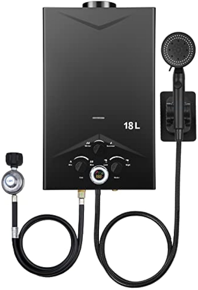 Tankless Water Heater 4.74GPM 18L Outdoor Portable GasHot Water Heater Instant Propane Water Heater with Digital Display Multi-Protection for Camping Trips Boat Cabins