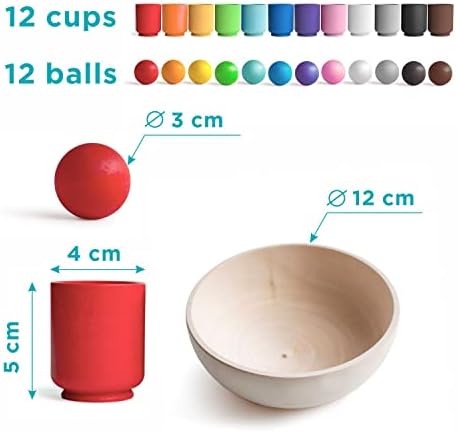 Ulanik Balls in Cups Montessori Toy Wooden Sorter Game 12 Balls 30 mm Age 1+ Colour Sorting and Counting Preschool Learning Education