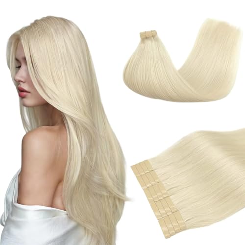 DOORES Tape in Hair Extensions Human Hair 20 Inch 50g 20pcs Platinum Blonde For Everyday Wear Skin Weft Seamless Real Remy Straight Tape ins For Fine Thin Add Volume