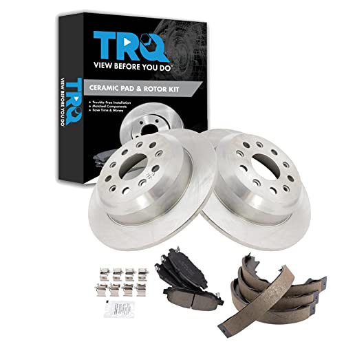 Image of TRQ Rear Brake Pad and Rotor Set Ceramic 328mm Rotors Parking Brake Shoe Compatible with 2018-2021 Jeep Wrangler