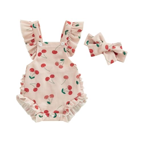 Image of ZAXARRA Little Baby Girls 2Pcs Summer Outfits Fly Sleeve Flower Print Bodysuit with Headband Newborn Clothes