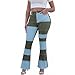 THUNDER STAR Women Patchwork Flare Jeans Stretch High Waisted Bell Bottom Raw Hem Denim Pants Green S