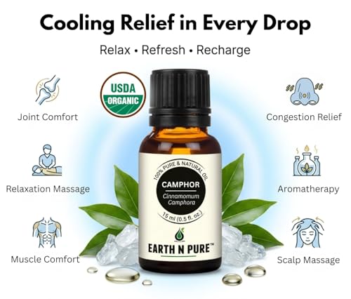 Image of Earth N Pure Camphor Essential Oil | 100% Pure & Natural Therapeutic Grade Camphor Oil | Undiluted Essential Oil for Aromatherapy, Diffuser, Massage & DIY Care | 15ml