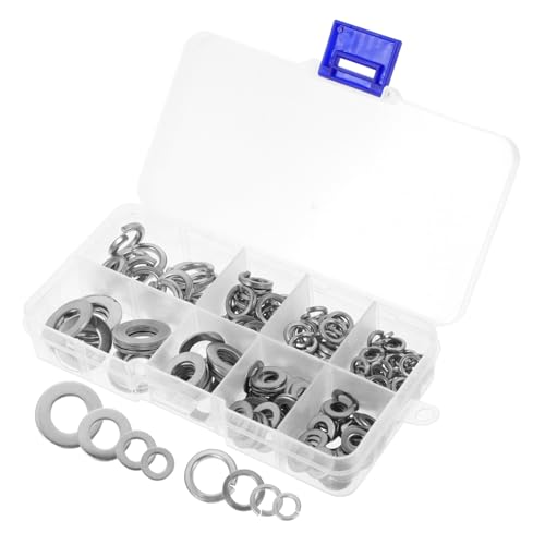 TEHAUX 200個 ステンレス製平ワッシャー スプリングワッシャー 耐食性高く防錆効果あり 透明収納ケース付き ネジ緩み防止用工業用固定部品