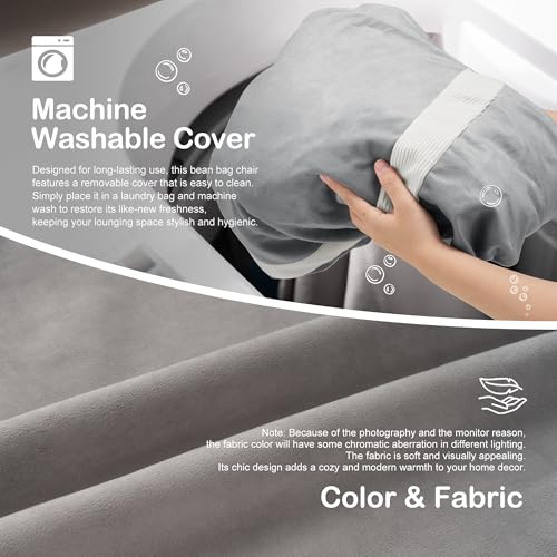 Image of 4FT Bean Bag Chair 4'Big Bean Bag Chairs with Adults, Large Beanbag Chair | Bean bag Lounger with Machine Washable Cover Dutch Velvet Fabric, Comfy Chairs for Living Room, Bedroom, Dorm, Lightgrey