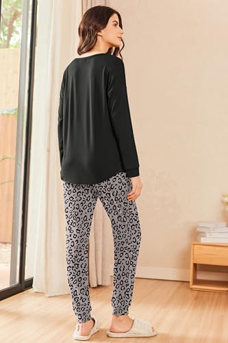 Ekouaer Womens Pajamas Set Long Sleeve Pjs Soft Lounge Sets for Women Sleepwear Joggers with Pockets Leopard - image 3