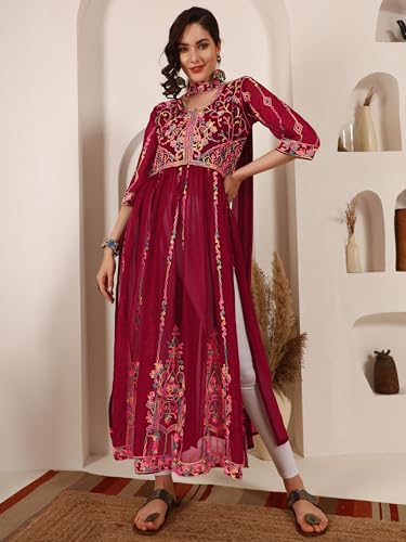 Image of EthnicJunction Women's Georgette Embroidered and Sequence Work Naira Cut Kurta and Dupatta Set