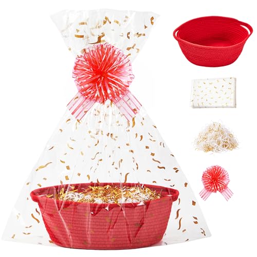 SUNCOLOR Small Woven Red Gift Basket Set With Cut Paper