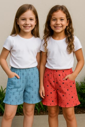 Image of ICEDIVE Girls Printed Cotton Shorts Pack of 2 | Regular Fit Multicolour Bottoms | Soft, Stretchy & Comfortable | Ideal for Summer, Home, Travel & Casual Wear