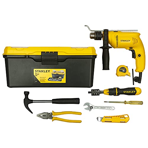 STANLEY SDH600 600W 13mm Impact Hammer Drill with STANLEY Hand Tools Kit in  16-inch Tool Box (18-Pieces)