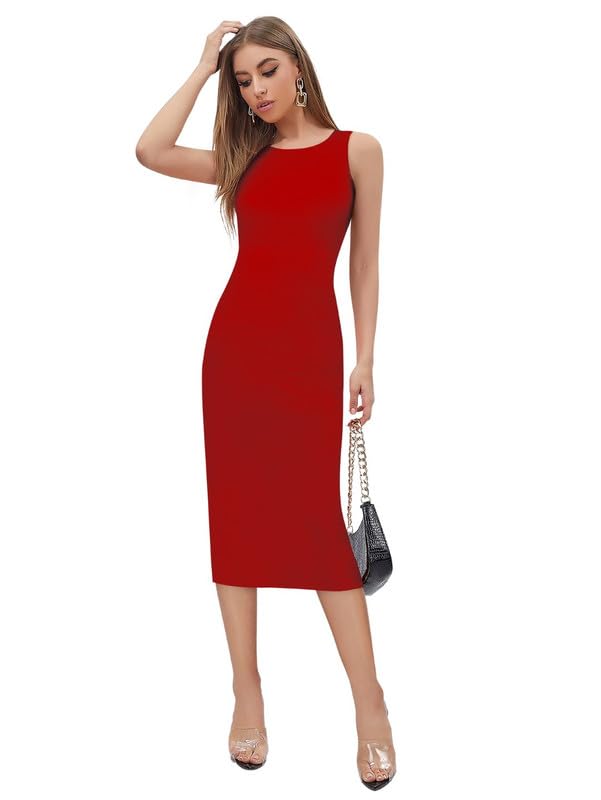 Women's Red Spandex Solid Bodycon Western Dress | A line | Winter | Western Dress | Latest | Trendy | Midi-image-42