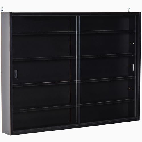 HOMCOM Vitrina de Pared Vitrina de Madera con Estantes Ajustables y 2 Puertas Correderas de Vidrio para Colecciones Perfumes Figuras de Decoración 80x9,5x60 cm Negro