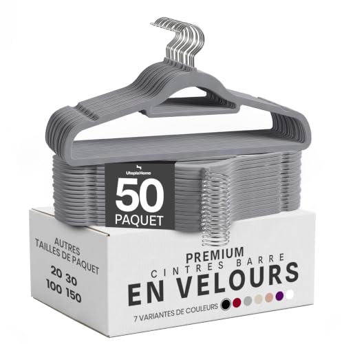 Utopia Home Cintres en Velours avec Barre à Cravate (Gris, Lot de 50)
