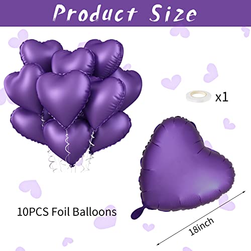 Image of Purple Heart Balloon, 10PCS Purple Foil Heart Balloons, 18inch Metallic Purple Heart Shape Foil Balloons for Helium Birthday Party Decorations for Brithday Party, Valentines Day, Wedding, Anniversary