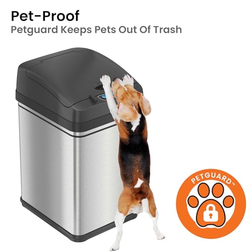 Image of iTouchless 8 Gallon Dog-Proof Stainless Steel Sensor Trash Can with PetGuard Lock - Touchless Lid, AbsorbX Odor Filter, Battery or AC Power, Automatic Garbage Bin for Kitchen, Home, or Office