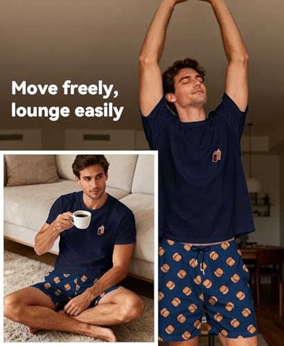 Image of Yoimira Mens Soft Pajama Set Short /Long Sleeve 2 Piece PJs with Pockets | Men's short /long sleeve pajama set, soft 2 piece PJs with pockets for sleepwear, loungewear, relaxing at home and nightwear