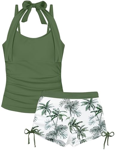 Bathing Suits for Teens 12-14 Tummy Control Girls Tankini Swimsuits for Teens Bathing Suits Halter Swimsuit with Drawstring Printed Shorts Girls 2 Piece Swimsuits Green