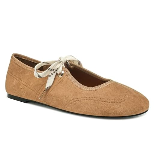 Yellhum Lace up Ballet Flats for Women Mary Jane Flats Round Toe Cute Slip on Soft Casual Ballerina Shoes Camel
