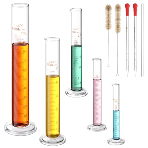 Jetec 10 Pcs Thick Glass Graduated Measuring Cylinder Set 5ml 10ml 25ml 50ml 100ml Glass Graduated Measuring Cylinder with 2 Brushes, 2 Droppers and 1 Stirring Rod