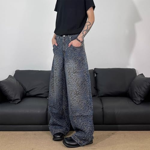 Barrel Jeans Men Leopard Print Washed Baggy Jeans Men Low Waisted Vintage Parachute Wide Leg Barrel Denim Pants2
