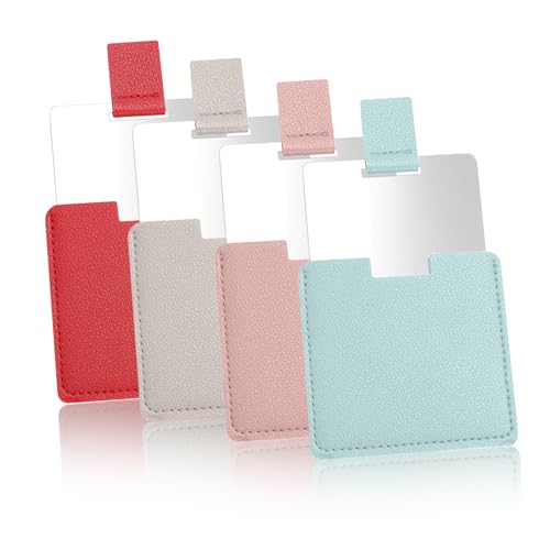KQDRAVINE Lot de 4 miroirs de poche, en acier inoxydable, avec étui de protection, métal poli, 6,5 x 7 cm