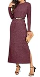 GRECERELLE Vestido largo de manga larga para mujer, cuello redondo, para invierno, con abertura, elegante, casual, diario, trabajo, cita, descanso, vestidos largos con bolsillos, rojo vino, XL