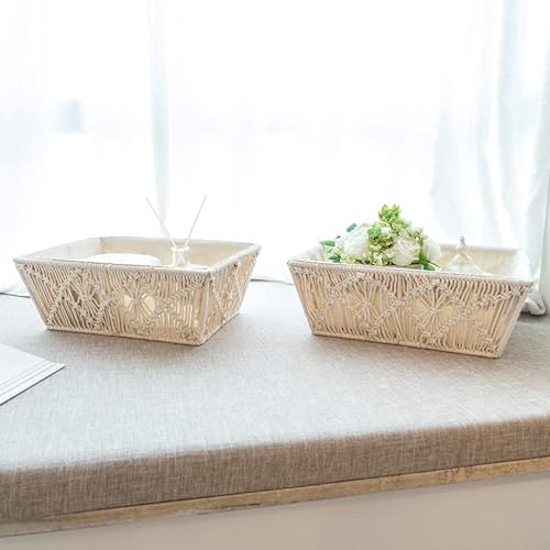 Image of KAAHIRA Set of 2 Boho Decor Macrame Storage Baskets Tray with Wooden Handle and Cotton Lining Countertop Cabin Organizer Home, Office and Events