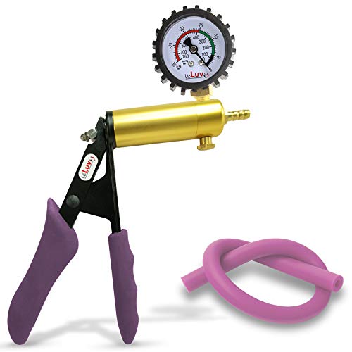 LeLuv Ultima Purple Vacuum Pump - Aluminum Alloy &amp; Brass Handle Manual Hand Vacuum (0-30 Hg, 0-760 mmHg), Gauge Installed with Protective Rubber Cover, Silicone Padded Grips with Silicone Hose