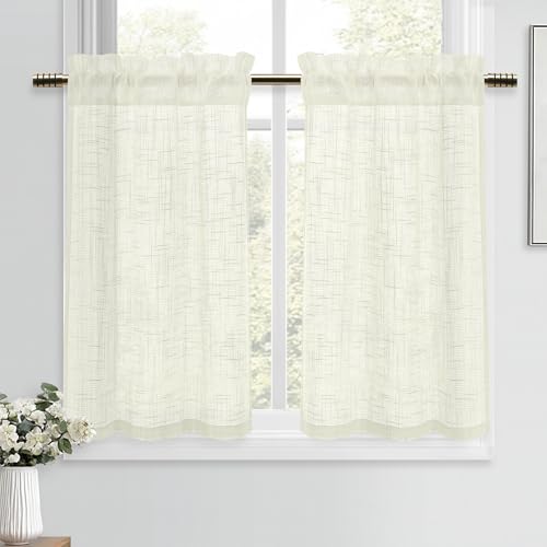 DWCN Beige Clair Rideaux Cuisine Brise-bise Court Rideau Voilage 90 x 60 cm (H x l) Style Lin Moderne Semi-translucide pour Evier Placard Fenetre Salon Chambre...