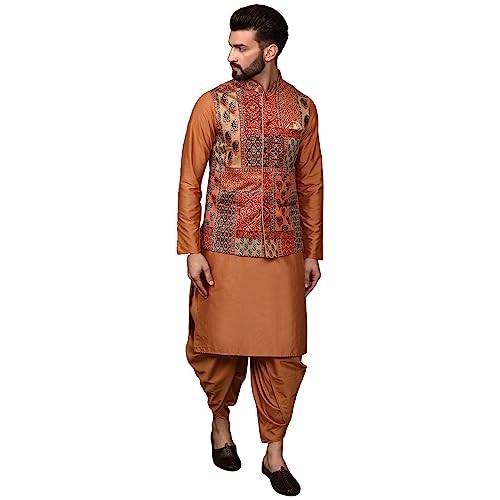 Image of KISAH Men's Navy Blue Printed Cotton Kurta - Regular Fit Long Tunic with Mandarin Collar | Ethnic Wear for Weddings & Festive Occasions