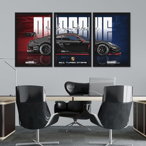 Image of ARTELLY Big Porsche 911 GT3rs Sports Car Framed Wall Posters, Set of 3, Premium Framed Painting, Living Room Bedroom Decoration, Large Size Gift Item for Boys Room Decor (Porsche 4, 13x19 inch)