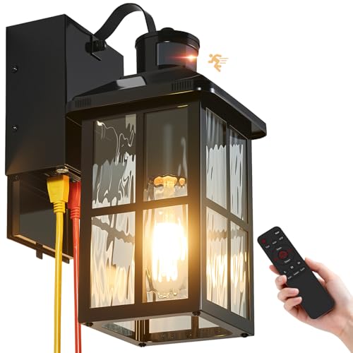 Porch Light with GFCI Outlet with Remote Dusk to Dawn Outdoor Lighting with Outlet Upgraded 4 Lighting Modes Motion Sensor Outdoor Lights Waterproof Outside Lights for House Patio Garage Front Door