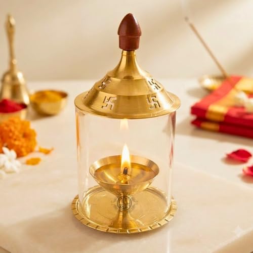Image of DSH Brass Akhand Diya Decorative Brass Glass Oil Lamp and Tea Light Holder for Diwali Pooja and Gift Item. (S)