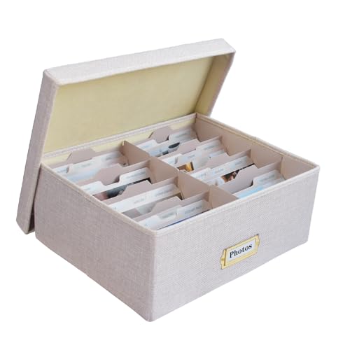 Sprsthai Linen Photo Storage Box, Large Capacity Organizer Box, Storage Holds 1700 Picture, with 24 Adjustable Dividers, 72 Labels, Fabric Picture Box for Photos, Envelopes, Recipes Beige