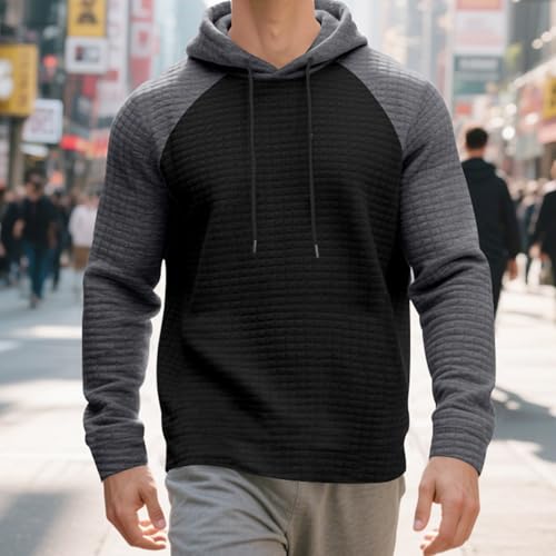 Muineobuka Men's Pullover Hoodies Casual Long Sleeve Drawstring Color Block Plaid Jacquard Hooded Sweatshirts with Pockets2