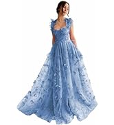QFMYYXGS 3D Butterfly Prom Dresses 2024 Long Lace Applique Tulle Ball Gown for Women Formal Eveni...