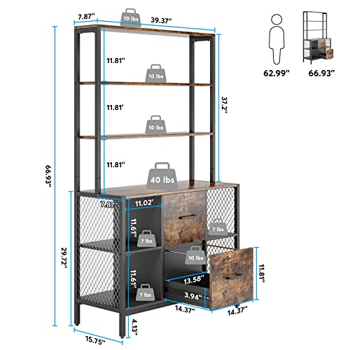 Tribesigns 2 Drawer File Cabinet For Letter Size, 6-Tier Vertical Filing Cabinet With Bookshelf Tall, Large Industrial Printer Stand With Open Storage Shelves For Home Office, Rustic Brown #TOP1