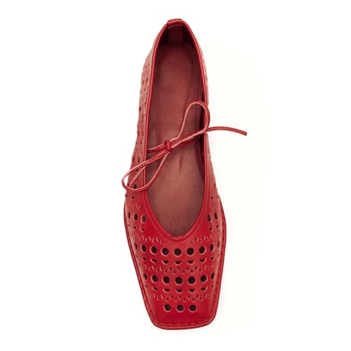 XBKXMK Lace Up Ballet Flats for Women Bow Square Toe Mary Jane Flats Cute Slip On Leather Ballerina Flat Shoes