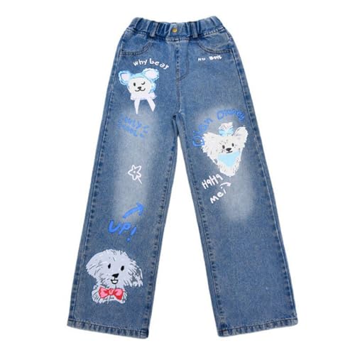 Girls Wide Leg Jeans Dogs Printed Streetwear Casual Summer Trousers Elastic High Waist Baggy Denim Pants