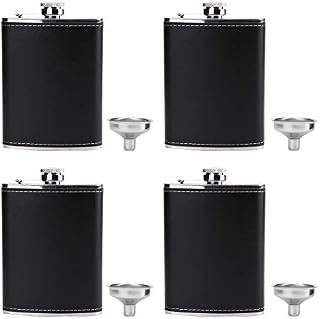 Suwimut 4 Pack Hip Flask for Liquor for Men, 8 oz Stainless Steel Leakproof Pocket Hip Flask with Black Leather Cover and Funnel for Drinking of Alcohol, Whiskey, Rum and Vodka, Gift for Men