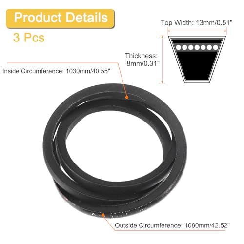 Image of uxcell 3 Pack A40 1 /2 Classic Wrapped V-Belt, 43 inch Outside Circumference, Black, Industrial Rubber V-Belt