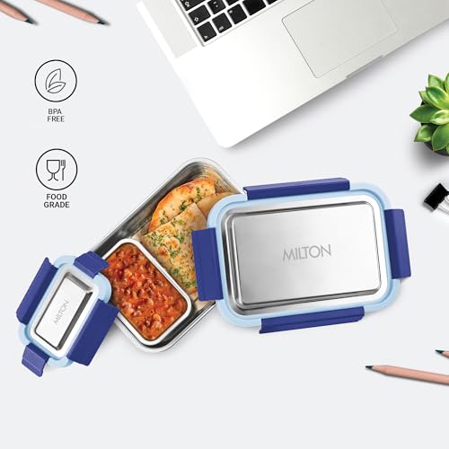 Image of MILTON Modern Meal Jr. Stainless Steel Tiffin, Set of 2 (750 ml,140 ml), Blue | Food Grade | BPA Free | Refrigerator Safe | Odour Free I Durable and Stylish Lunch Box for Home, Office & Travel
