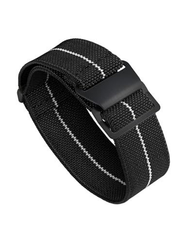 BINLUN Watch Band Nylon Waterproof Military Fbric Elastic Replacement Watch Strap Hook-and-Loop Men Women(Black Buckle,Black-white,22mm)